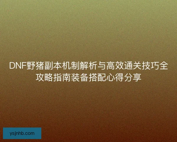 DNF野猪副本机制解析与高效通关技巧全攻略指南装备搭配心得分享